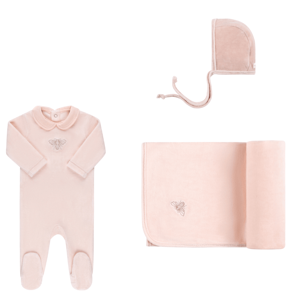 Elys & Co Velour Embroidered Metallic Bee Layette Set