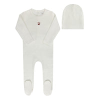 Aurora Pointelle Bow Print Footie & Beanie - Ivory/Pink