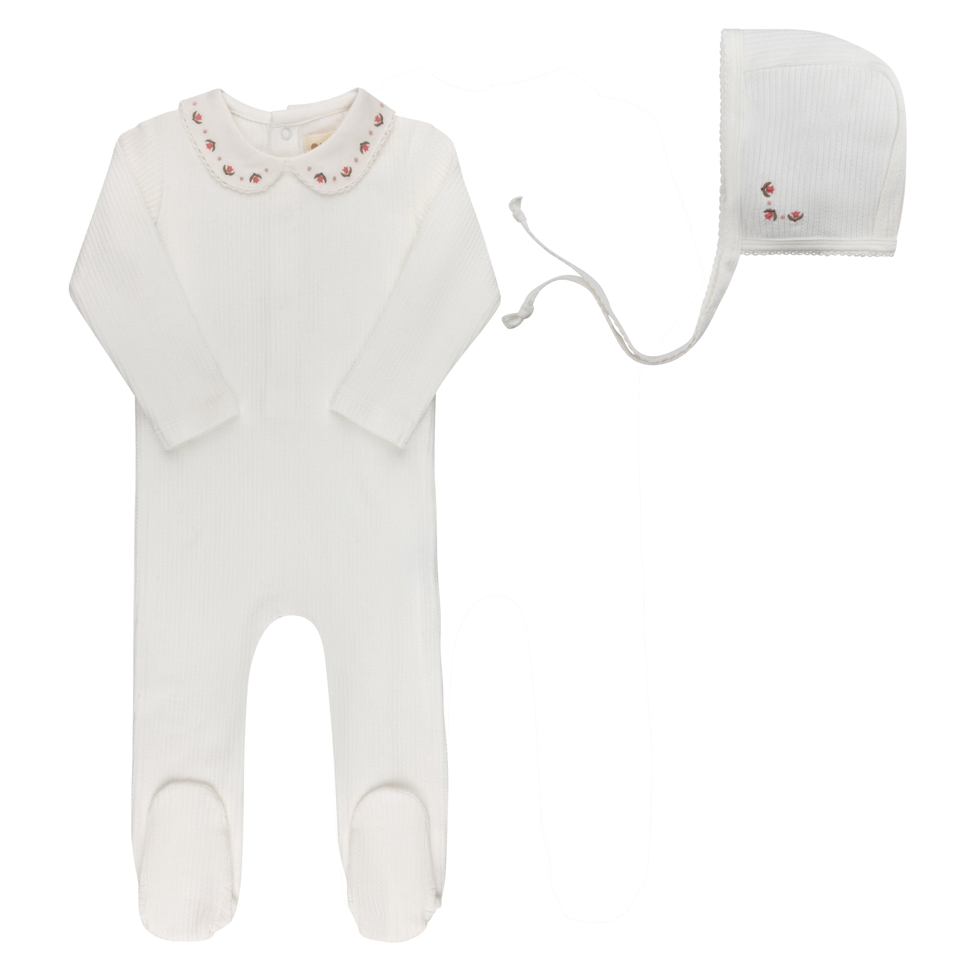 Looms Embroidered Trim Footie & Bonnet - Ivory Pink