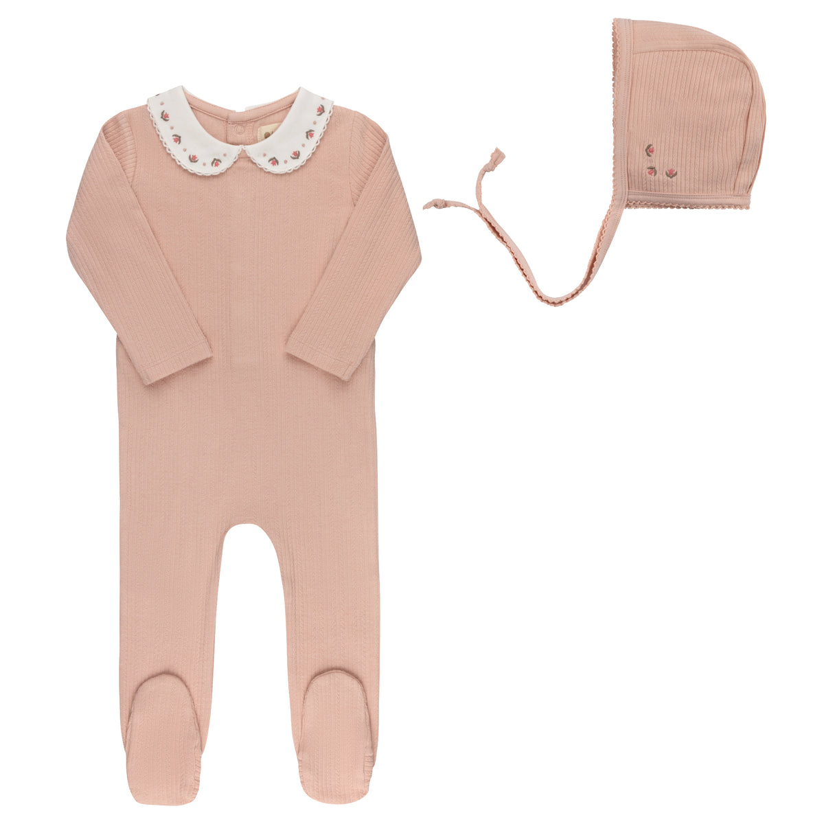 Looms Embroidered Trim Footie & Bonnet - Pink
