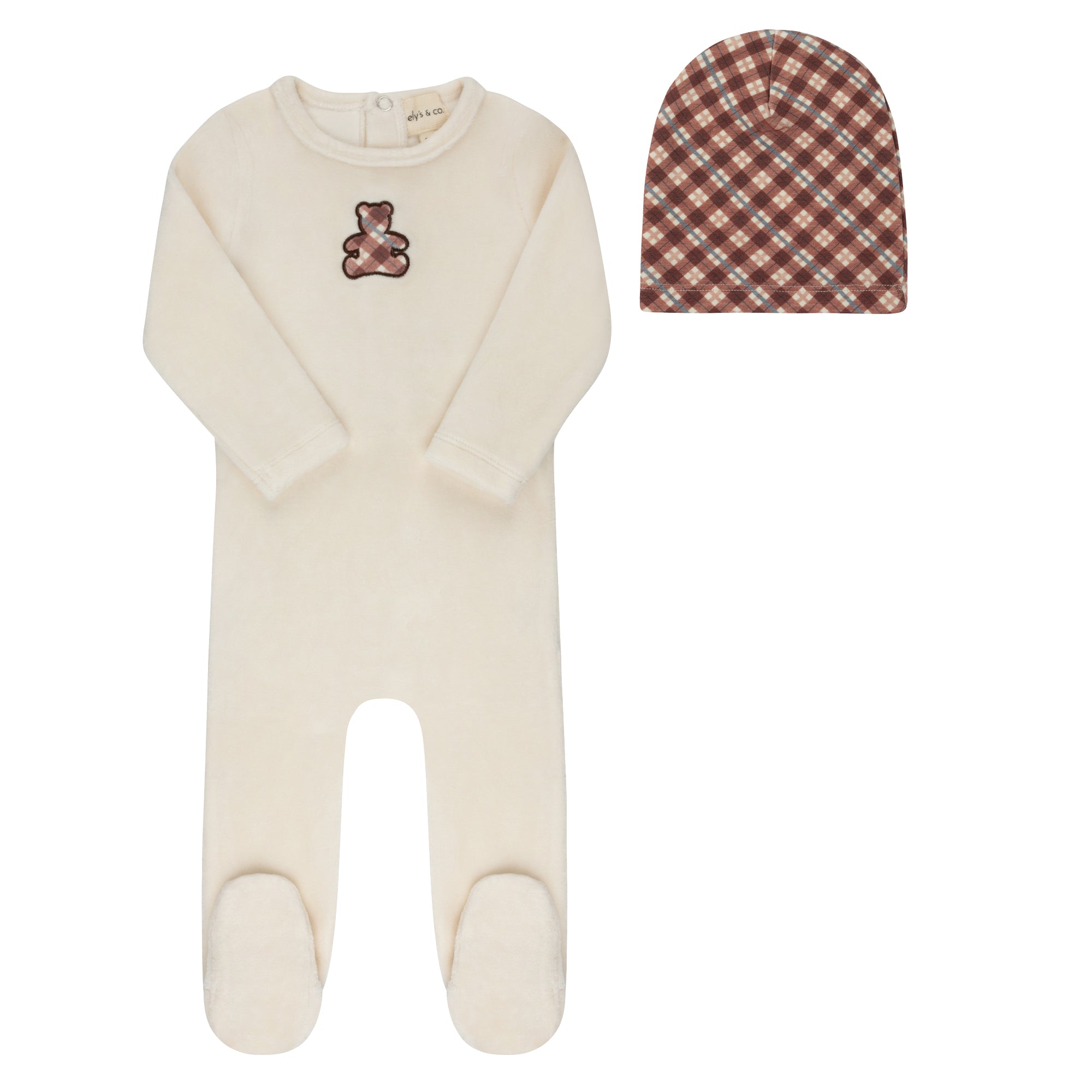 Elys & Co Velour Plaid Bear Footie & Beanie - Ivory Pink