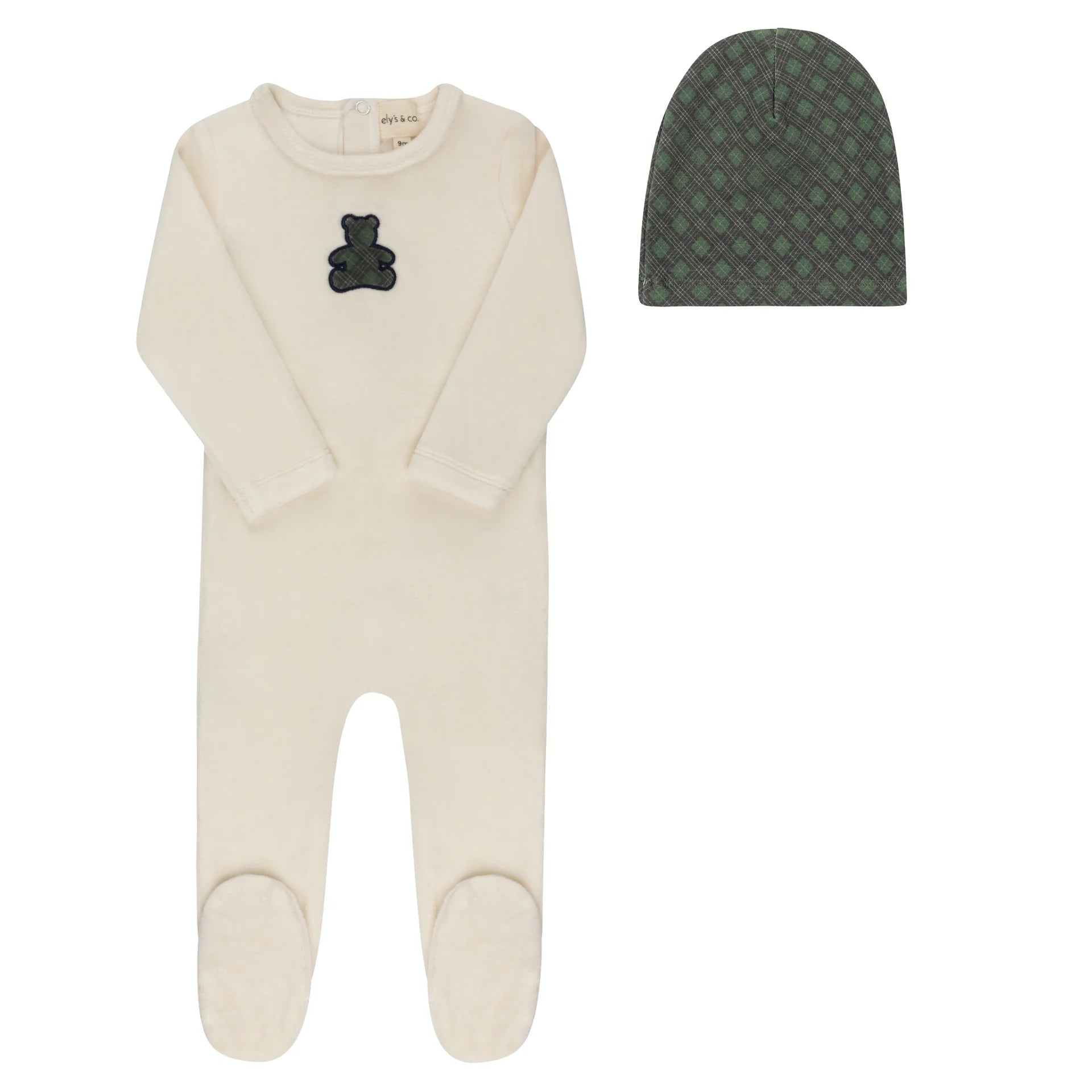 Elys & Co Velour Plaid Bear Footie & Beanie - Ivory Boy