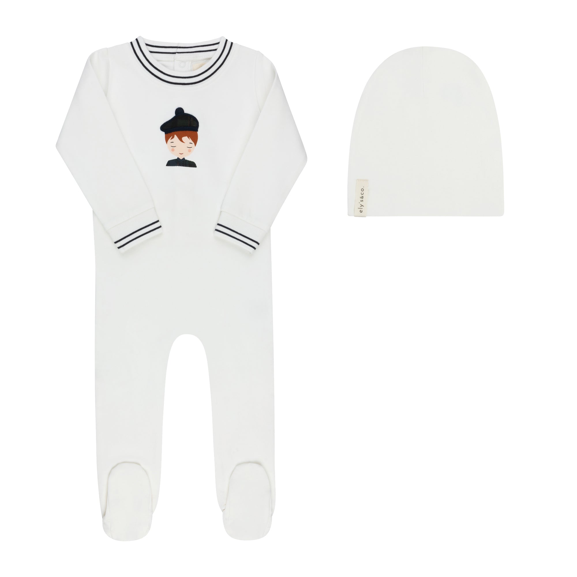 Elys & Co French Terry Scottish Footie & Beanie - Ivory Navy