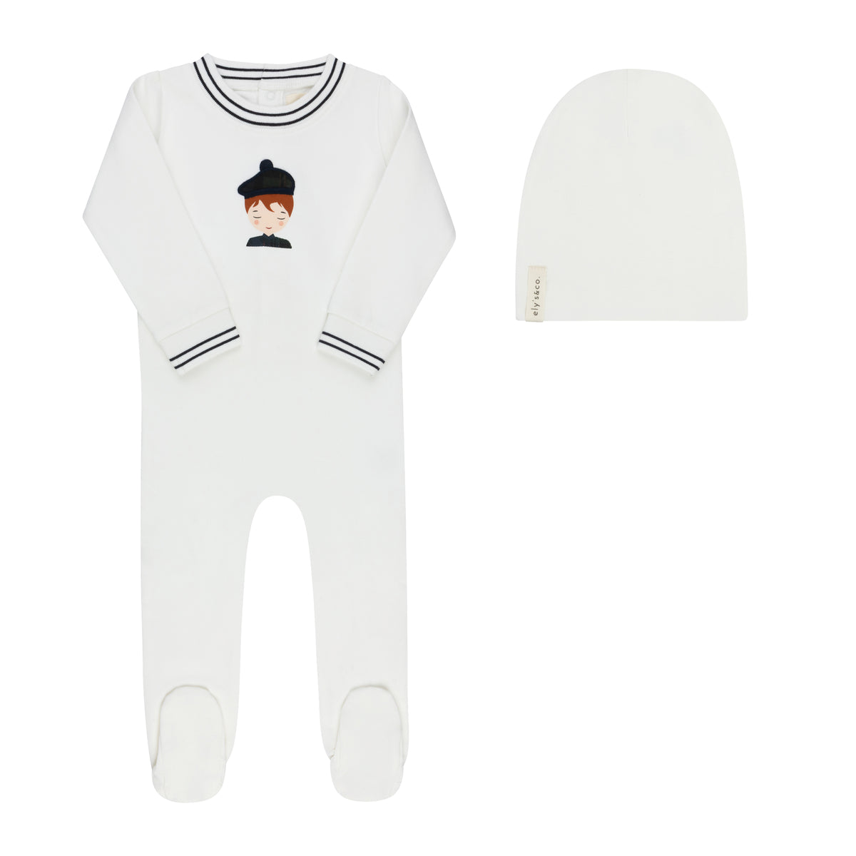 Elys & Co French Terry Scottish Footie & Beanie - Ivory Navy