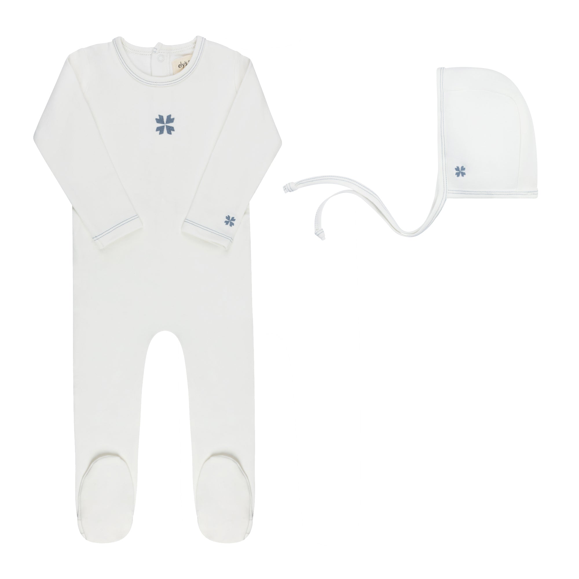 Elys & Co Embroidered Clover Footie & Bonnet - Ivory Blue
