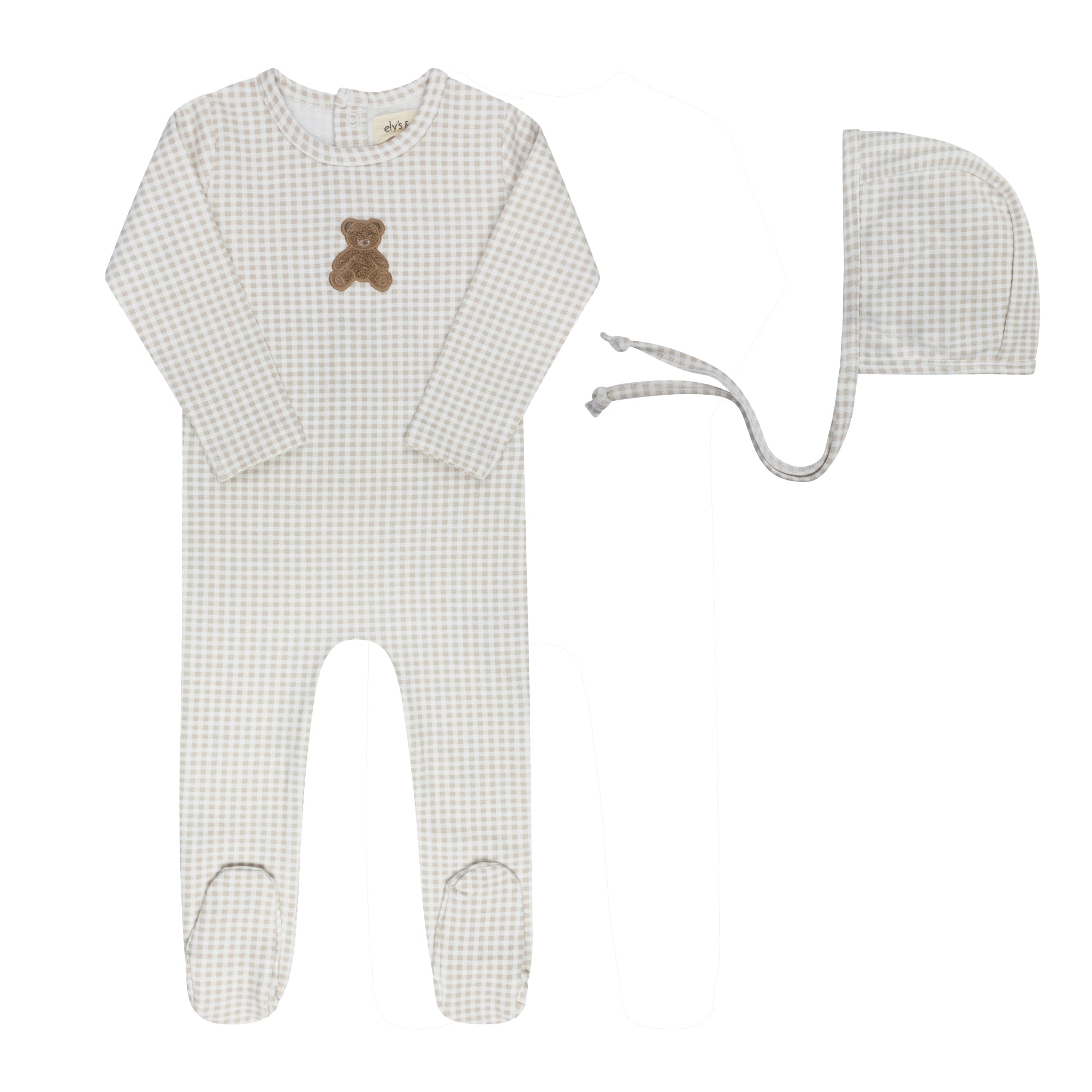 Elys & Co Gingham Teddy Footie & Bonnet - Tan