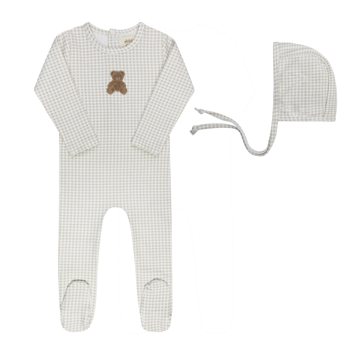 Elys & Co Gingham Teddy Footie & Bonnet - Tan