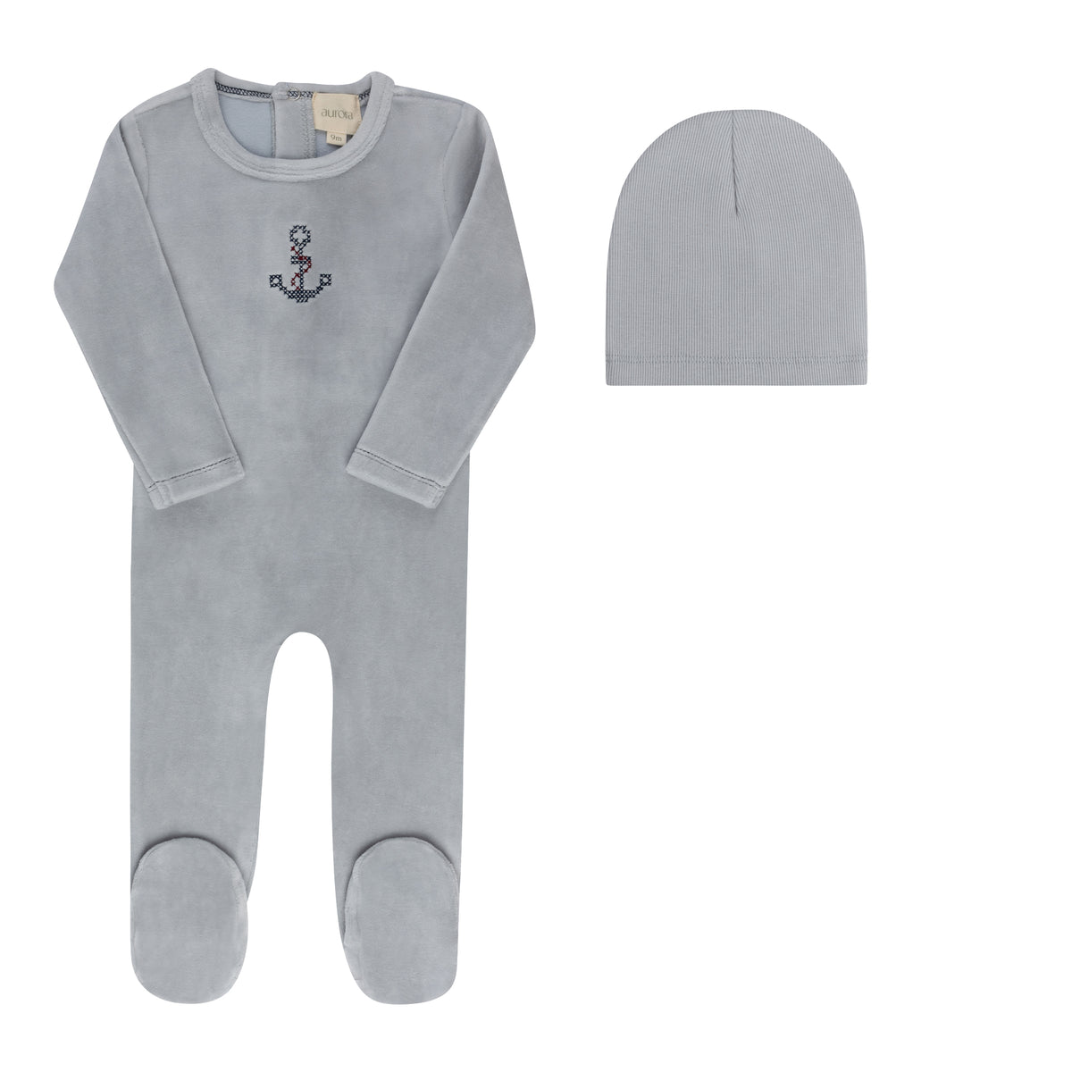 Aurora Cross Stitch Footie & Beanie - Blue