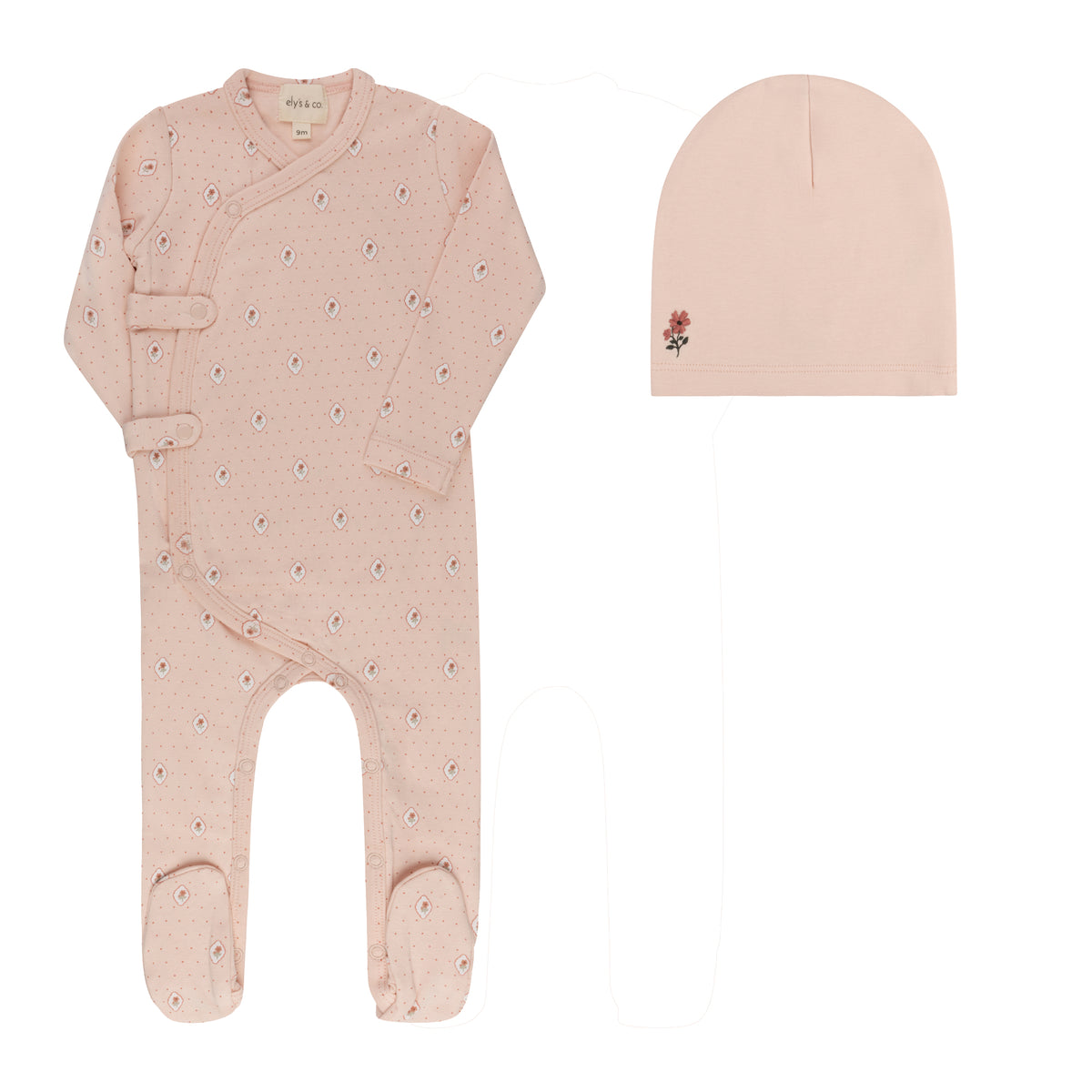 Elys & Co Floral Dot Footie & Hat - Pink