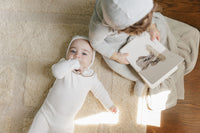 Aurora Embroidered Velour Collar Footie & Bonnet - Ivory Brown
