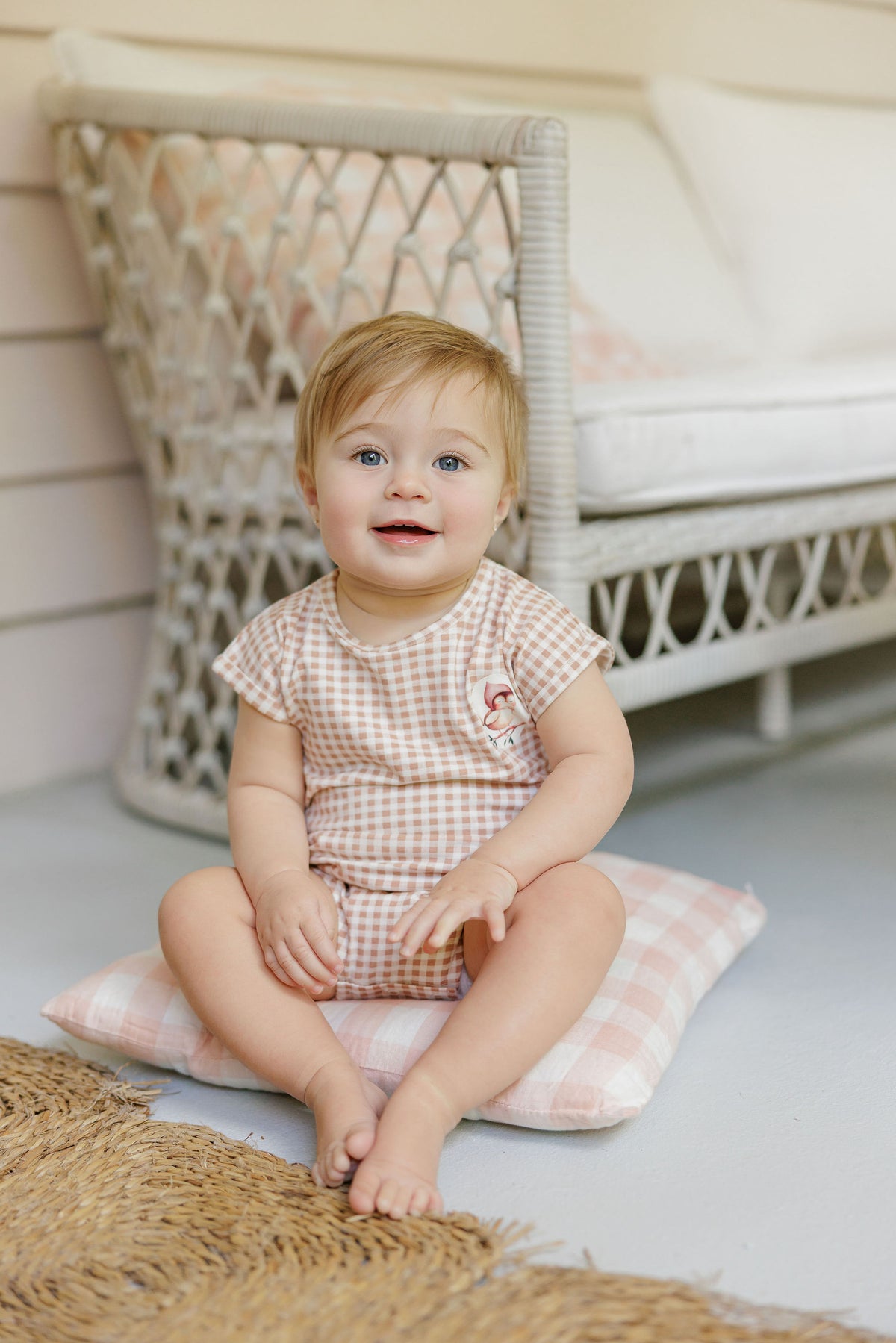 Elys & Co Owl Gingham Romper- Blush