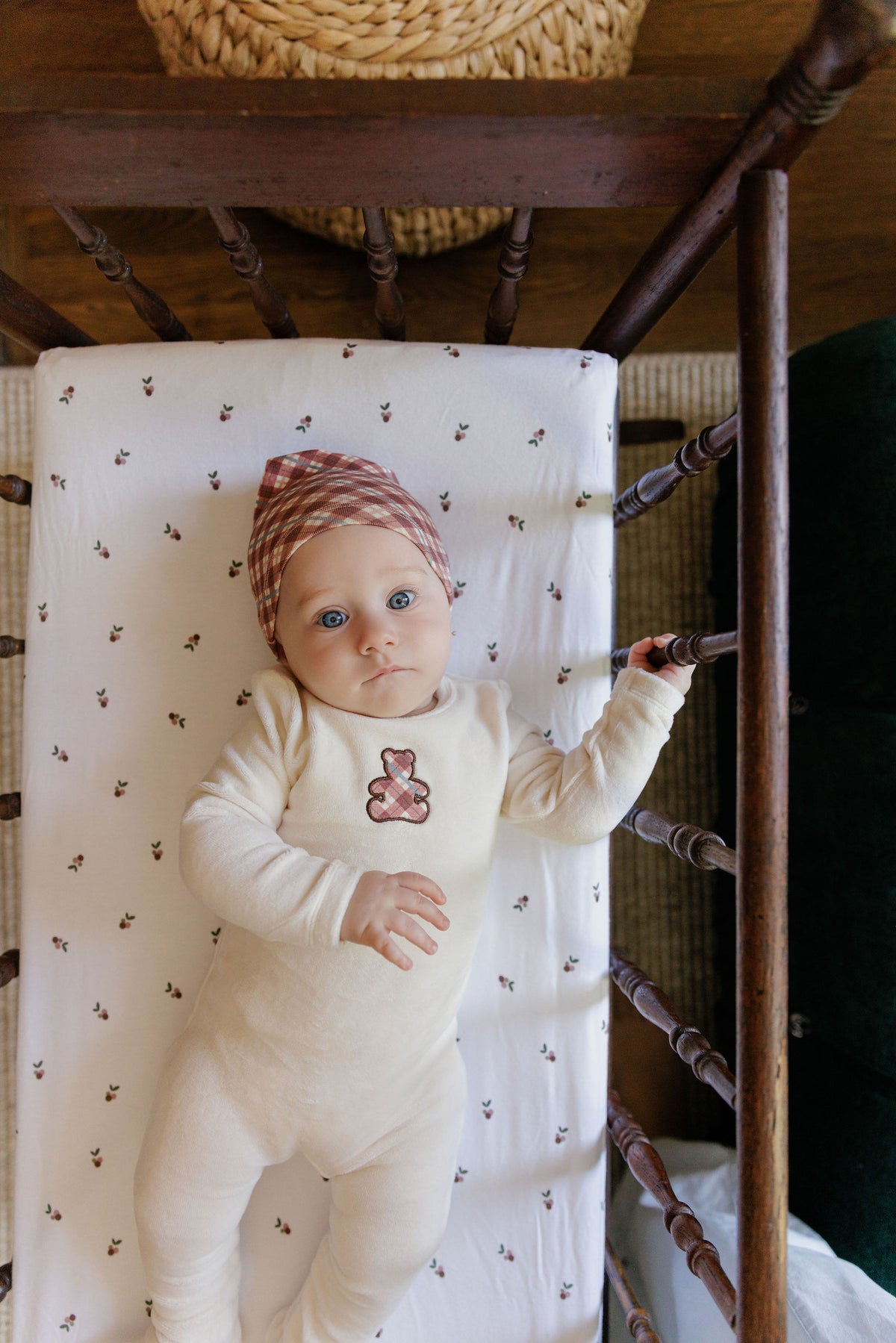 Elys & Co Velour Plaid Bear Footie & Beanie - Ivory Pink