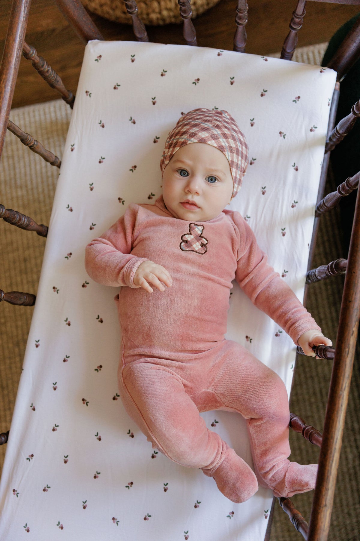 Elys & Co Velour Plaid Bear Footie & Beanie - Pink
