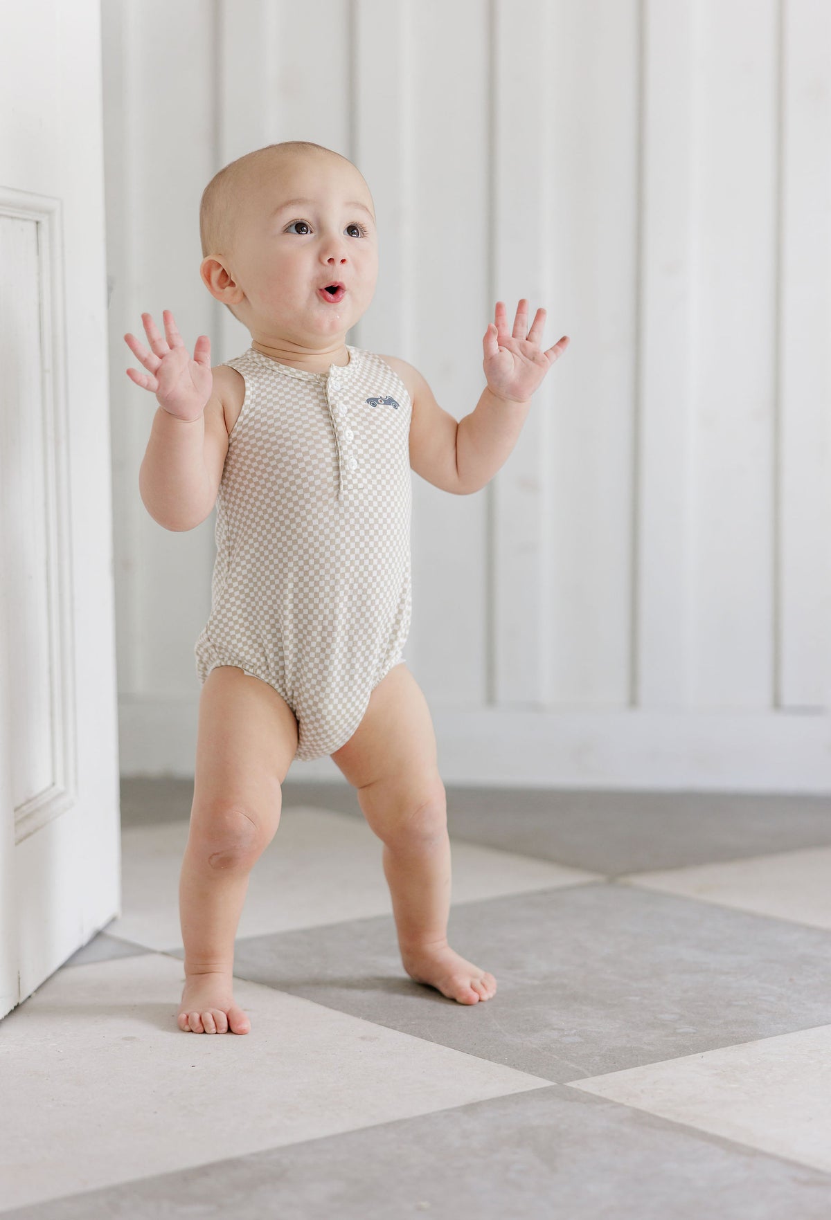 Aurora Checked Race Car Romper - Tan