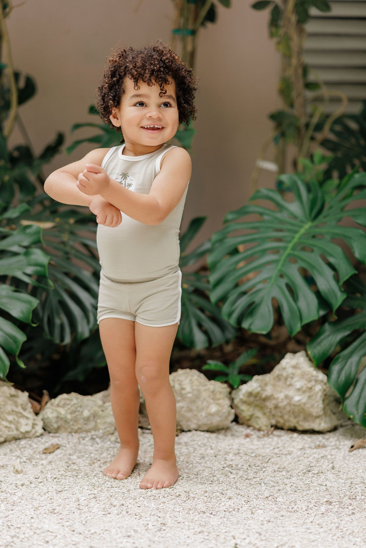 Elys & Co Ribbed Printed Palm Tank & Shorts - Sage
