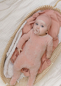 Elys & Co Velour Embroidered Floral Footie & Beanie - Pink