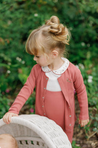 Elys & Co Floral Embroidered Collar Onesie, Overalls & Cardigan - Ivory/Pink