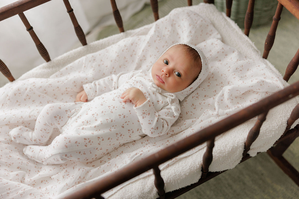 Aurora Floral Leaf Footie & Bonnet - Ivory Girl