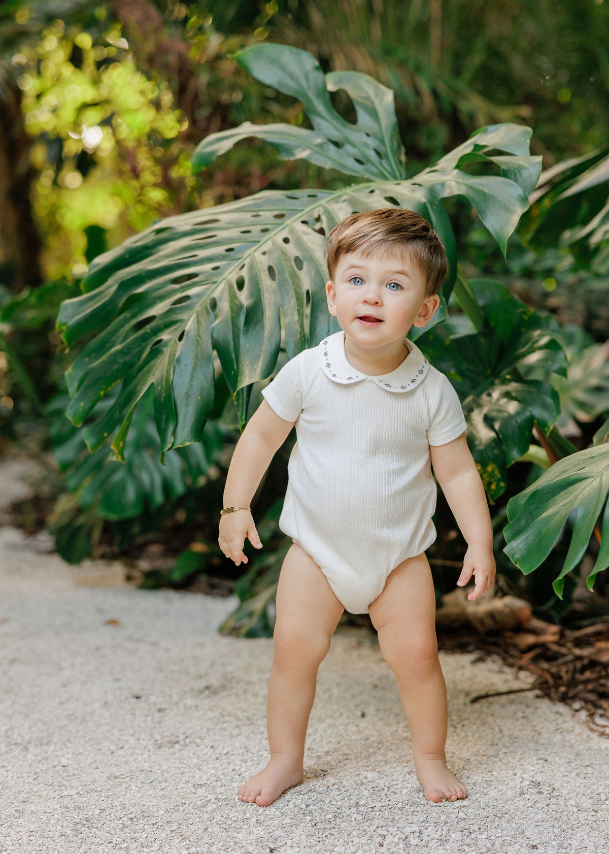 Looms Embroidered Trim Romper - Ivory/Blue