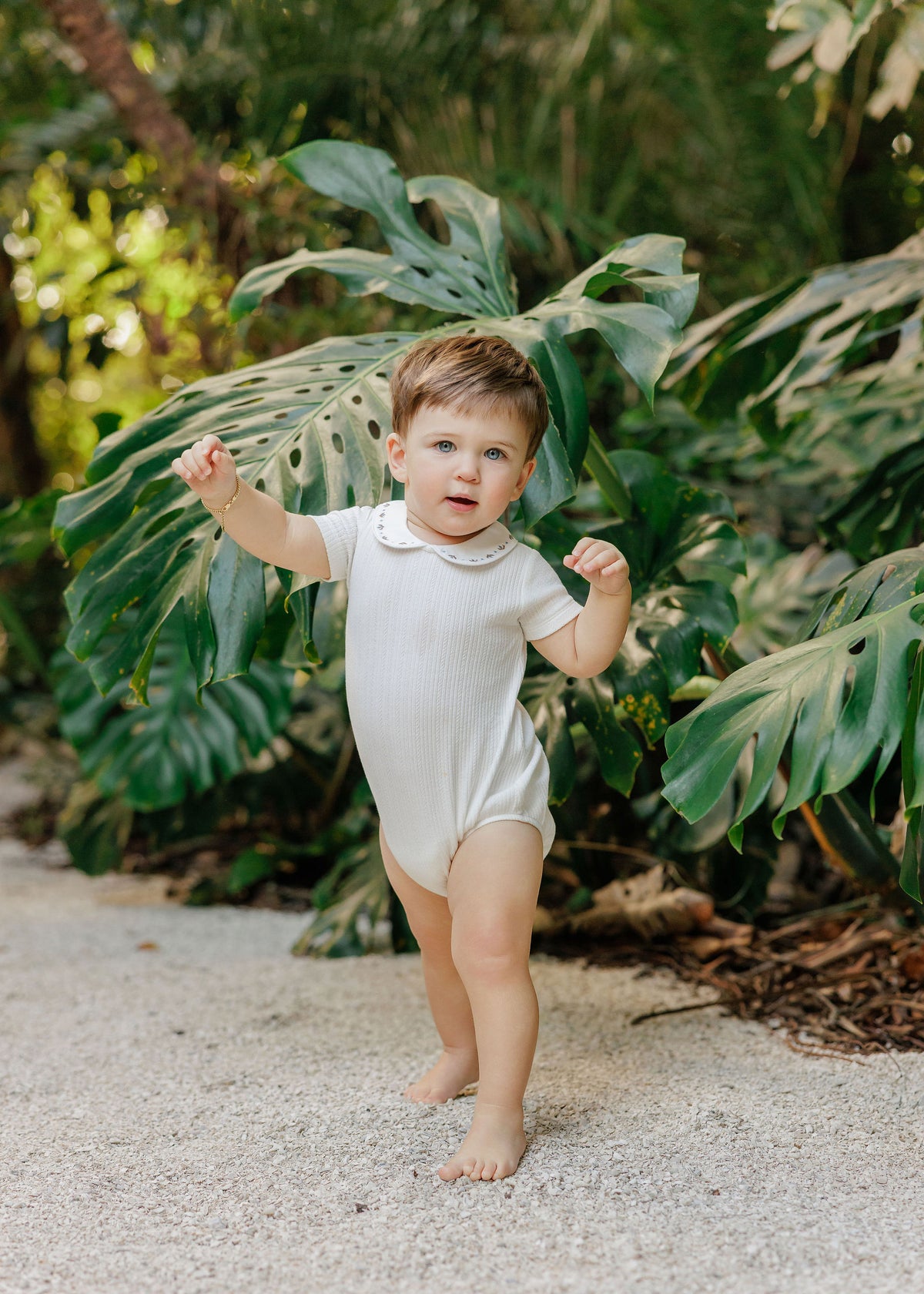 Looms Embroidered Trim Romper - Ivory/Blue