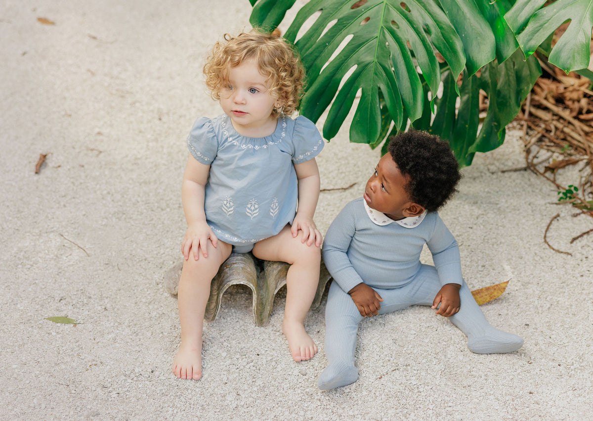 Looms Embroidered Trim Romper - Blue