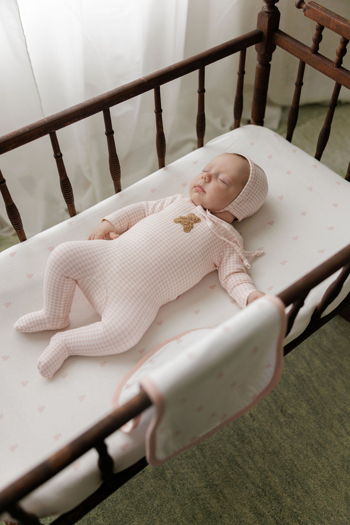 Elys & Co Gingham Teddy Footie & Bonnet - Pink