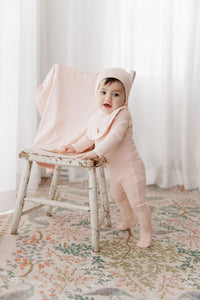 Aurora Pointelle Bow Print Footie & Beanie - Pink/Red