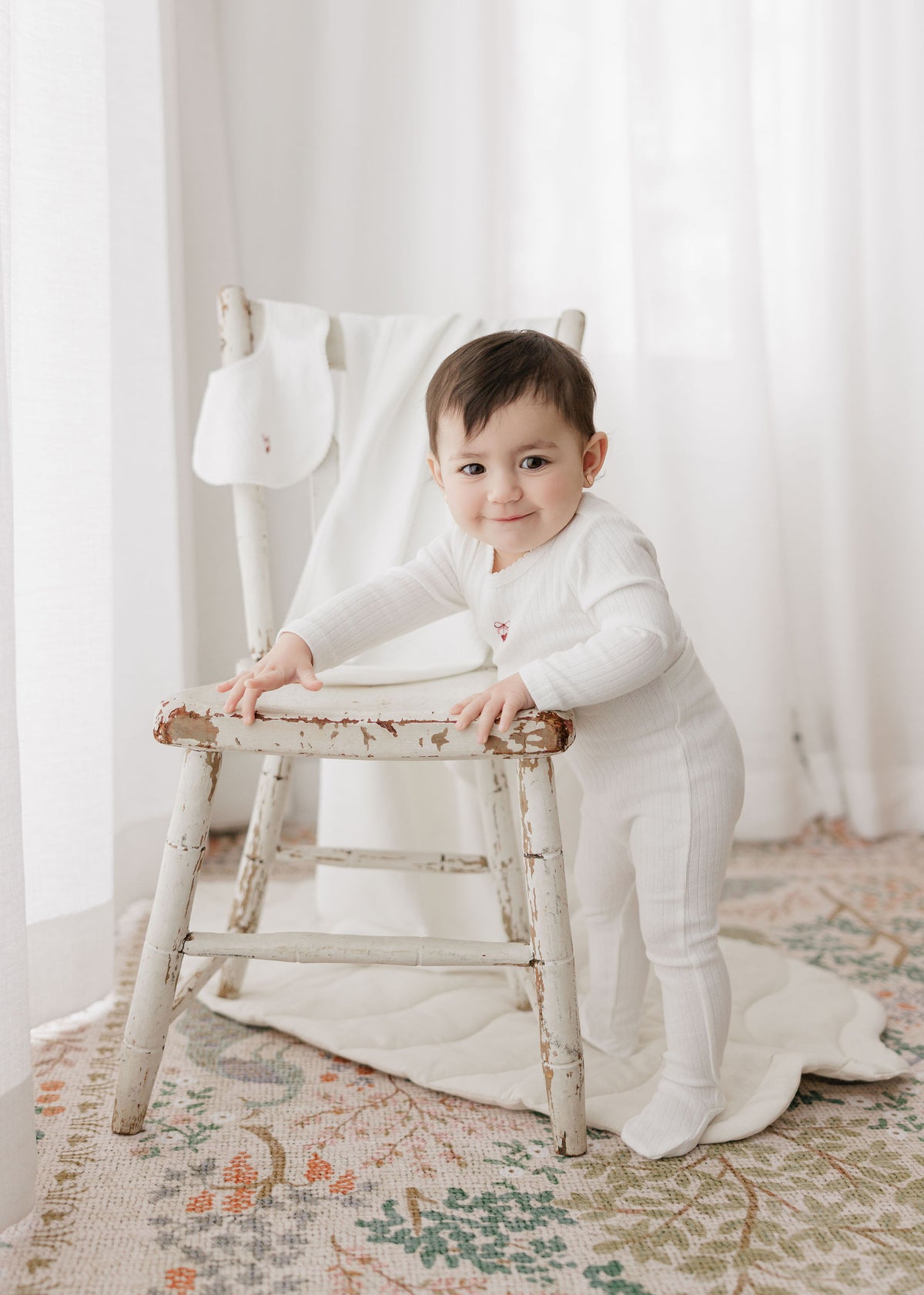 Aurora Pointelle Bow Print Layette Set - Ivory/Pink