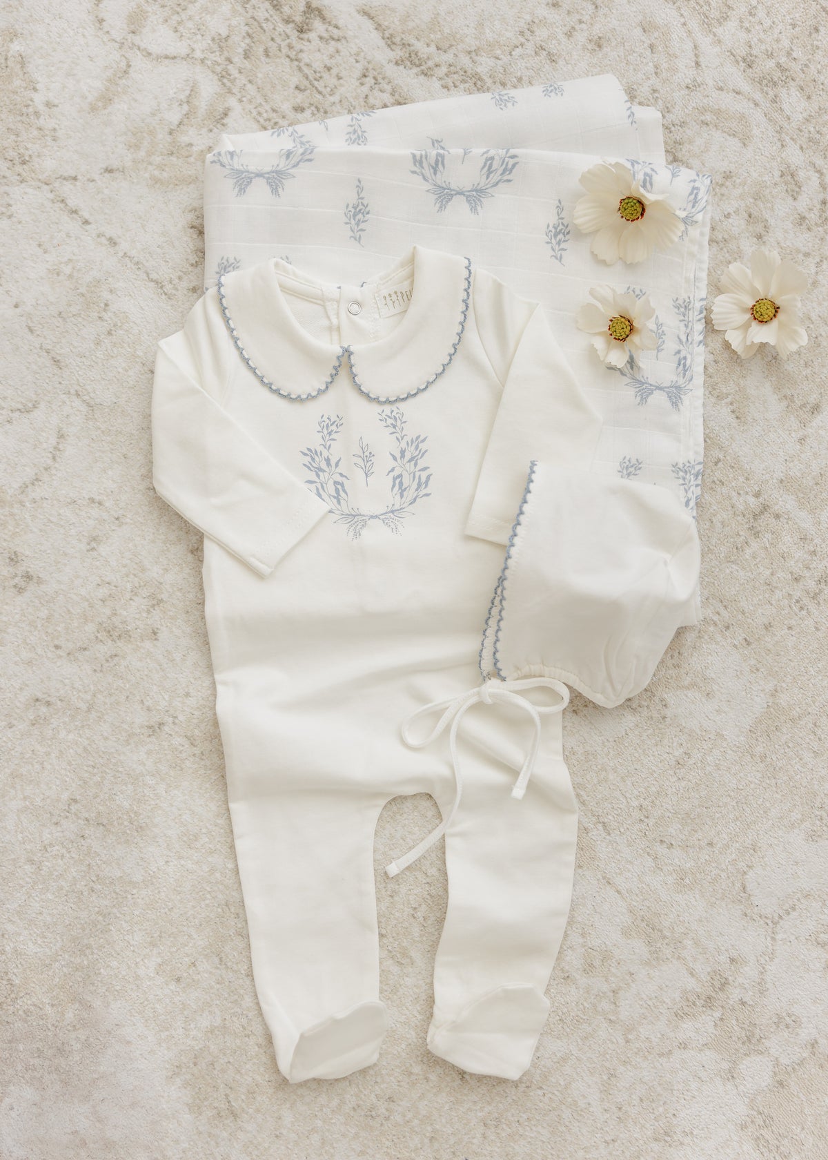 Peluche Collared Botanical Layette Set - Blue