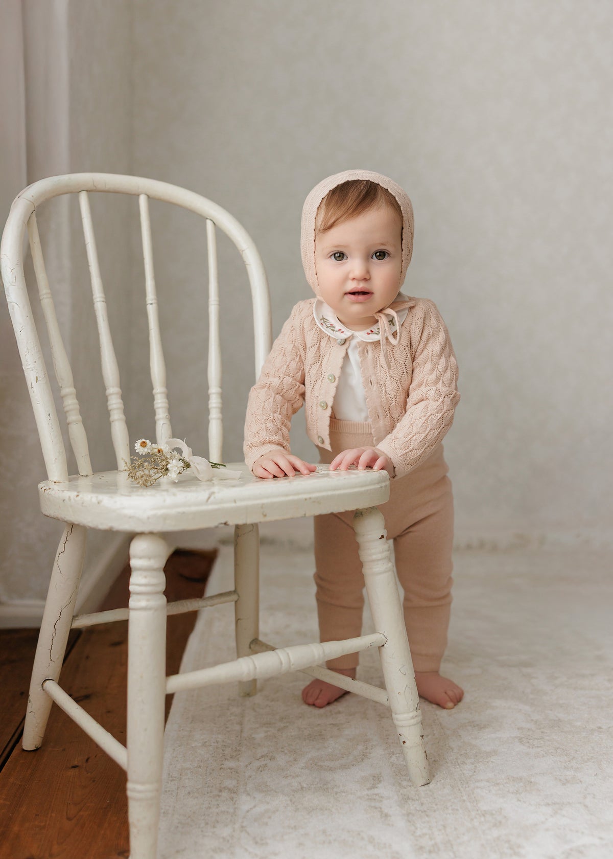 Peluche Knit Suspender Leggings, Emb Onesie & Cardigan - Rose