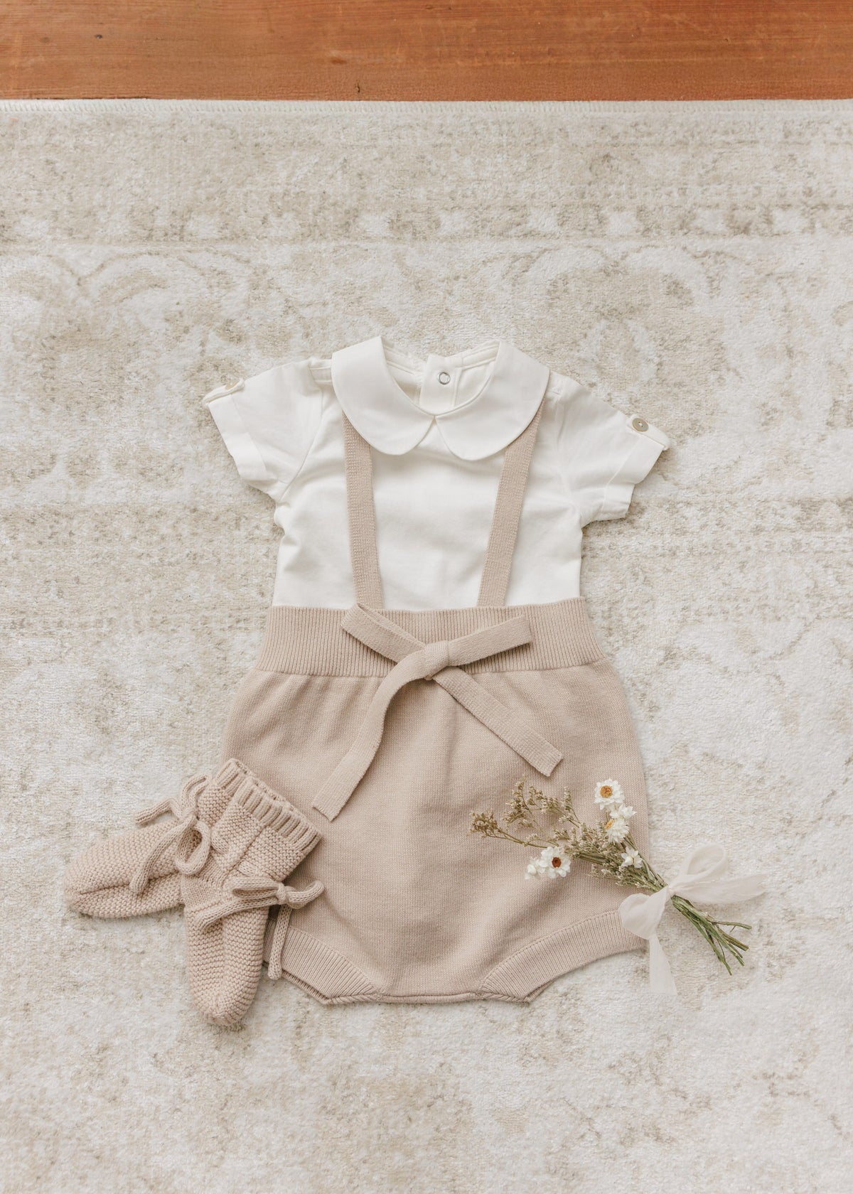 Peluche Knit Suspender Bloomers & Rollover Onesie - Stone