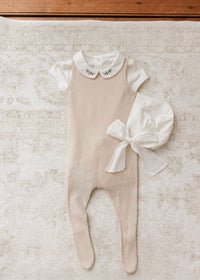 Peluche Short Sleeve Embroidered Collar Onesie - Cream/Olive