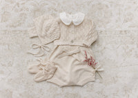 Peluche Knit Pointelle Cropped Cardigan & Bonnet- Stone