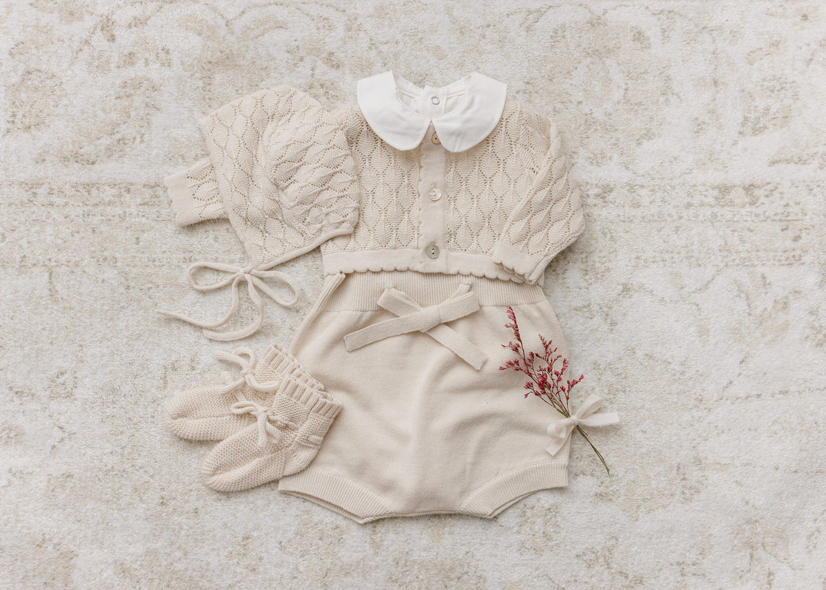 Peluche Knit Suspender Bloomers & Rollover Onesie - Stone