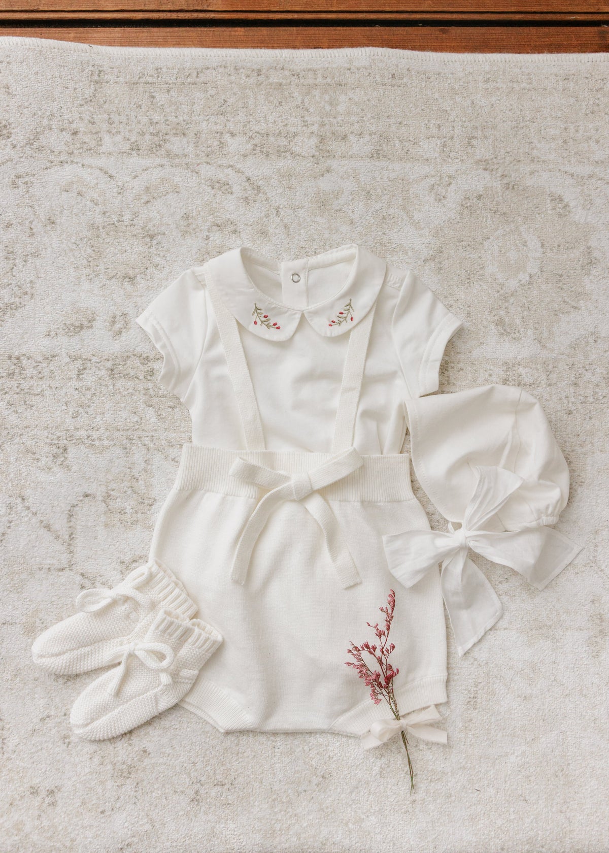 Peluche Knit Suspender Bloomers & Rollover Onesie - Cream