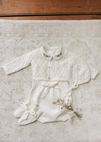 Peluche Knit Pointelle Cropped Cardigan & Bonnet- Cream