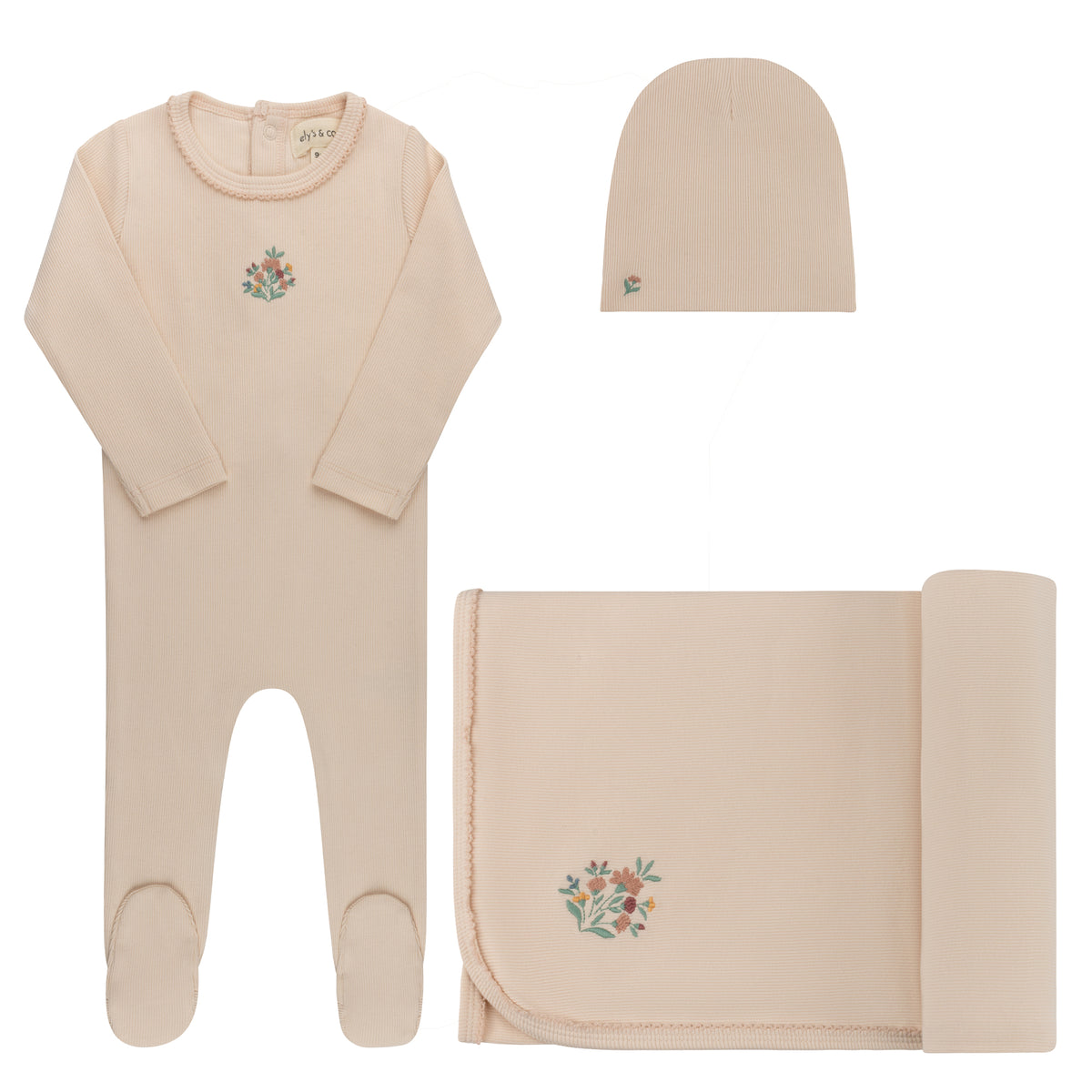 Elys & Co Ribbed Floral Embroidered Layette Set - Pink