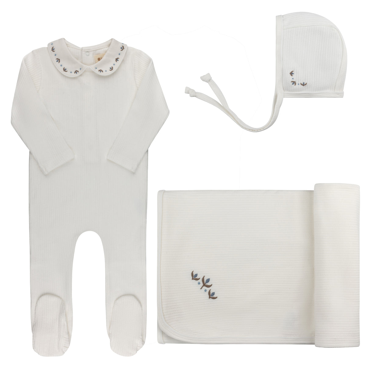 Looms Embroidered Trim Layette Set - Ivory/Blue