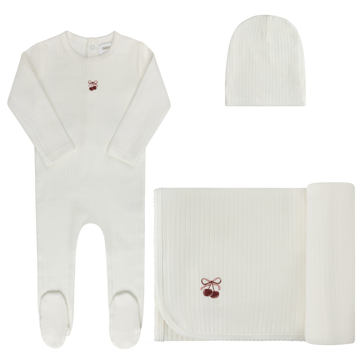 Aurora Pointelle Bow Print Layette Set - Ivory/Pink
