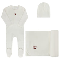 Aurora Pointelle Bow Print Layette Set - Ivory/Pink
