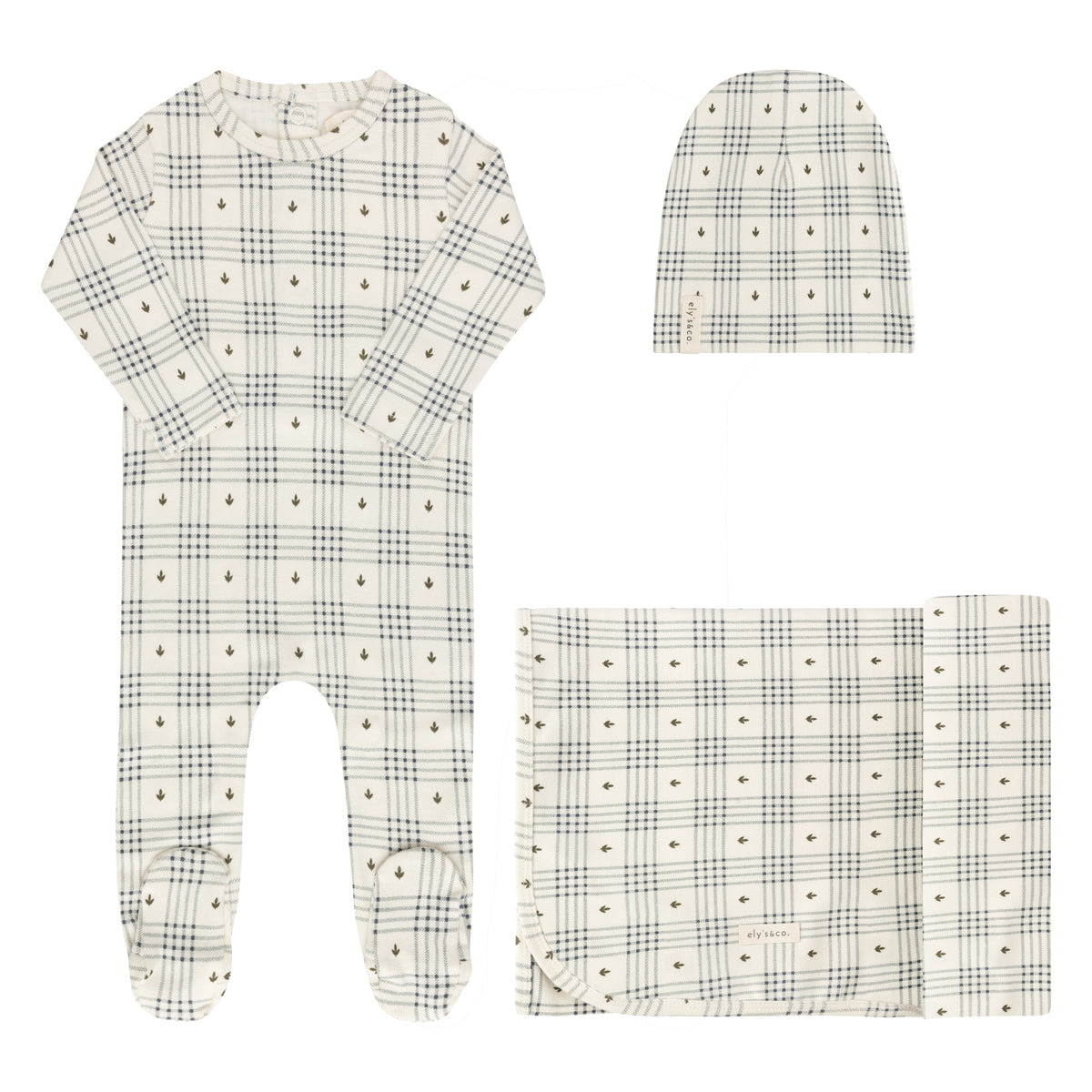 Elys & Co Floral Plaid Layette Set - Ivory Blue
