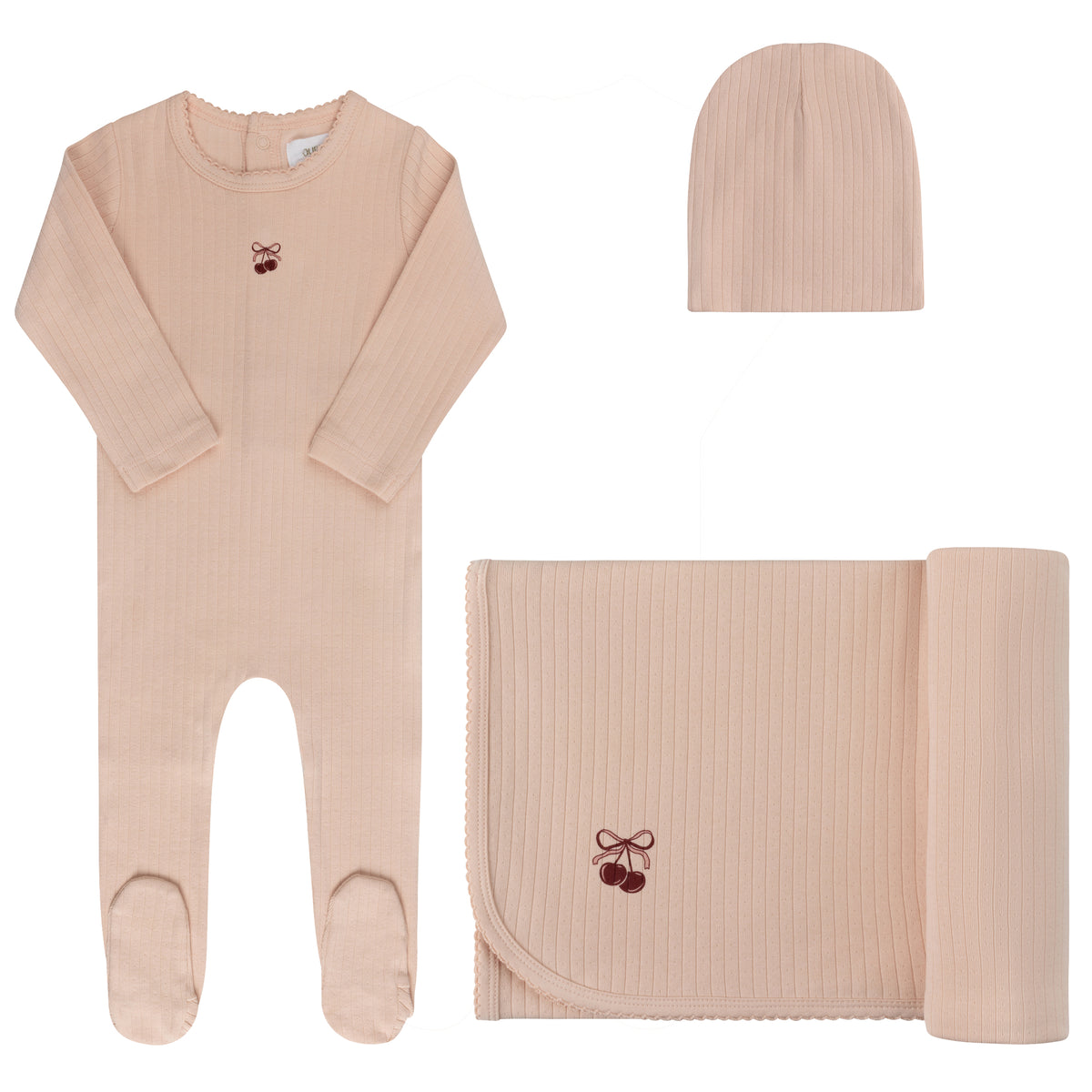Aurora Pointelle Bow Print Layette Set - Pink/Red