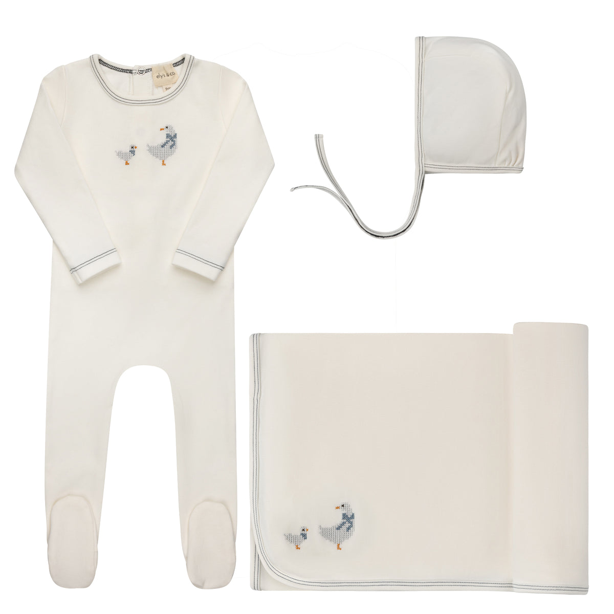 Elys & Co Cross Stitch Duckling Layette - Ivory Blue