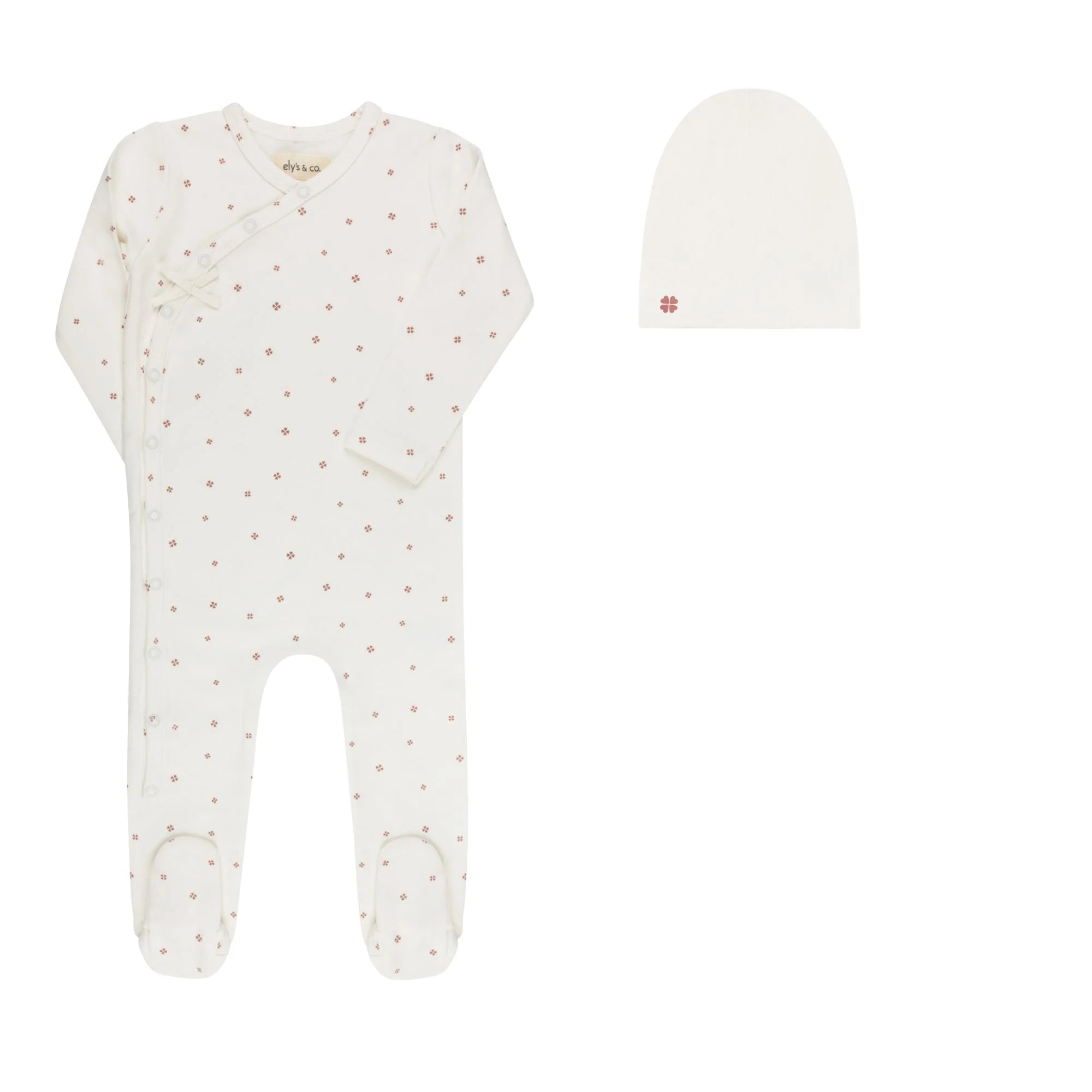 Elys & Co Clover Print Footie & Beanie - Ivory Pink