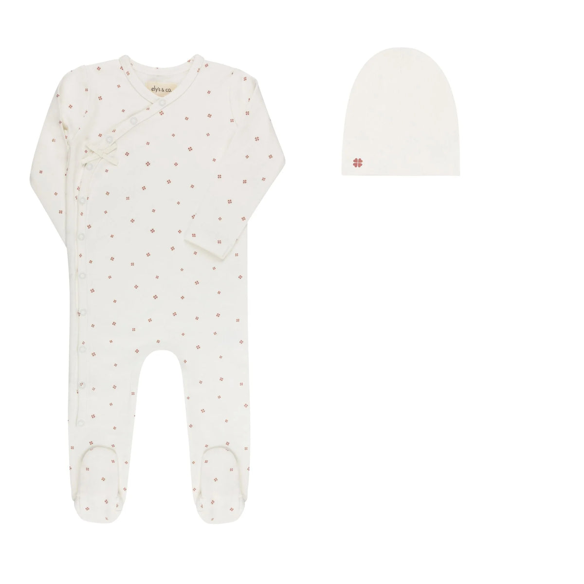 Elys & Co Clover Print Footie & Beanie - Ivory Pink