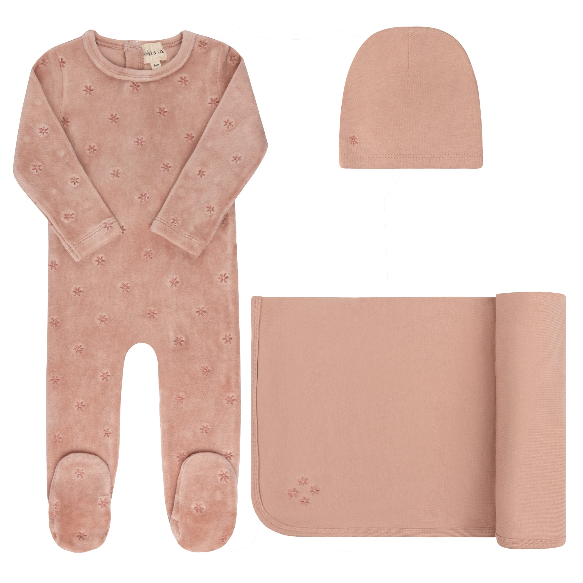 Elys & Co Velour Embroidered Floral Layette Set - Pink