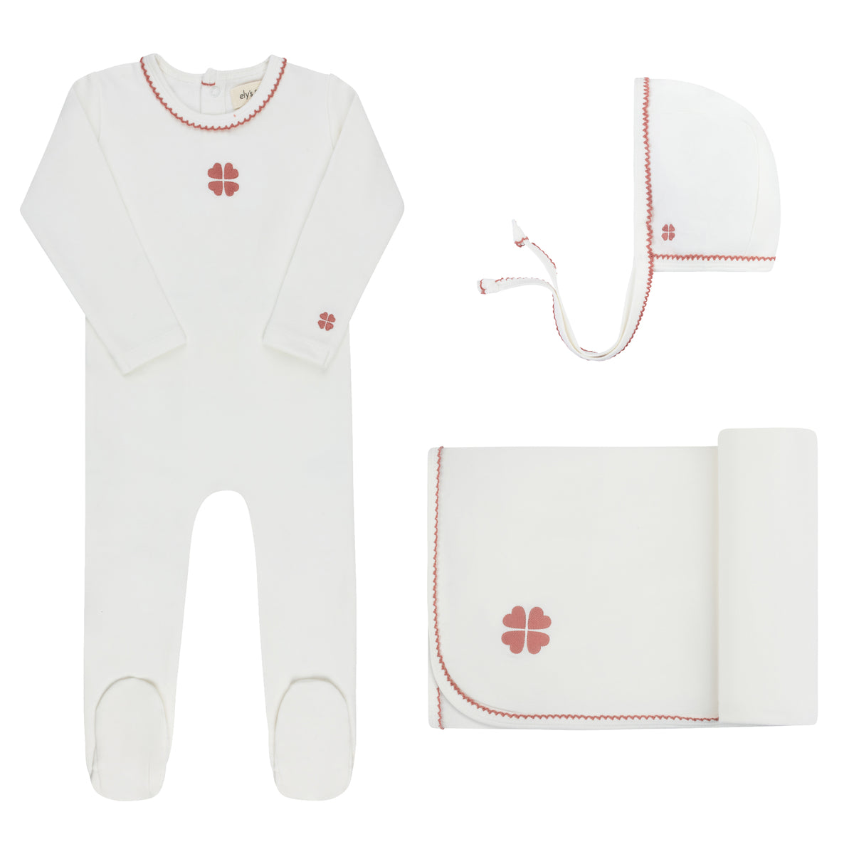 Elys & Co Embroidered Clover Layette Set - Ivory Pink