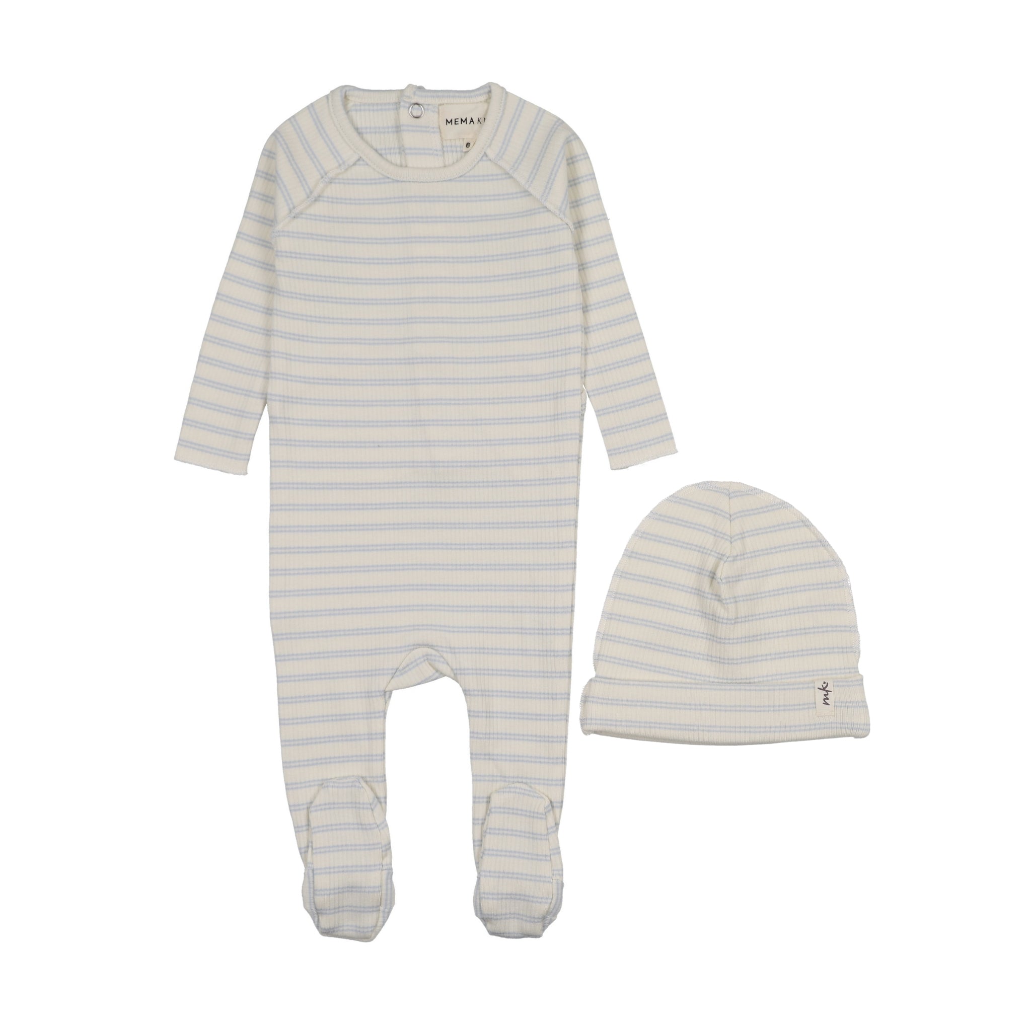 Mema Knits Rib Stripe Footie & Beanie - Light Blue