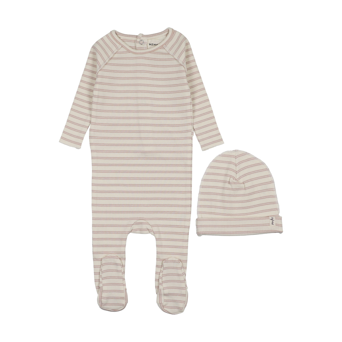 Mema Knits Rib Stripe Footie & Beanie - Rose Pink