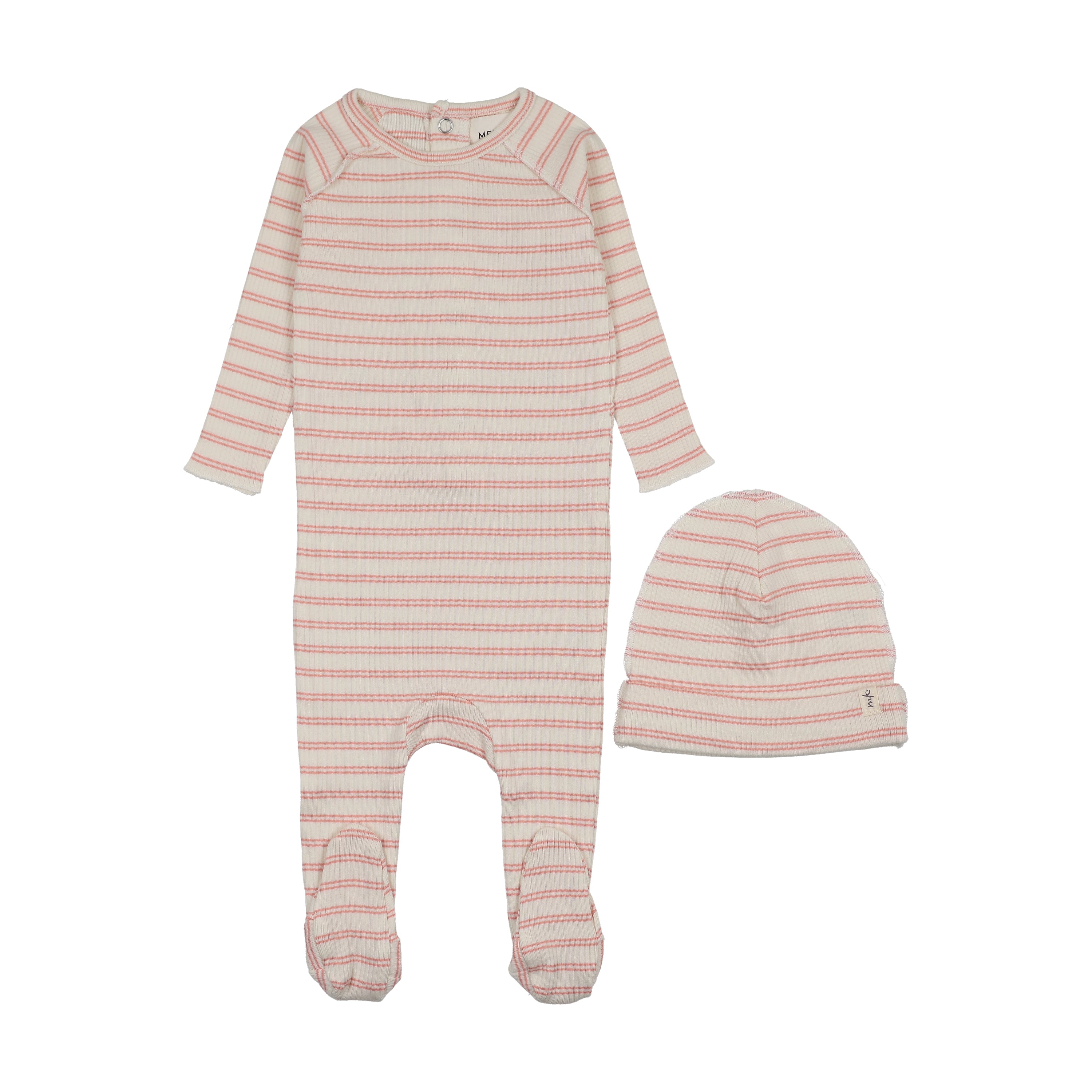 Mema Knits Rib Stripe Footie & Beanie - Pale Pink